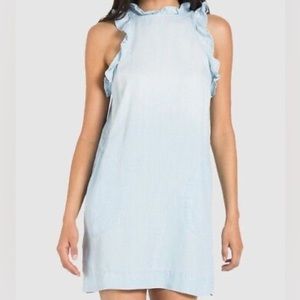 CLOTH & STONE CHAMBRAY MINI DRESS RUFFLE HALTER NECK BLUE SIZE SMALL